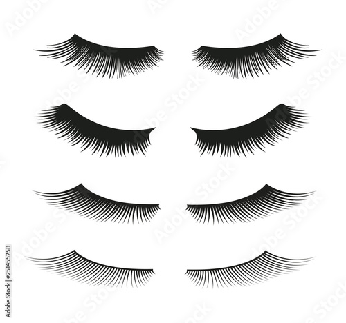 Eyelash extension mega set 4 in 1. Long eyelashes. False beauty cilia. Glamor makeup. Vector