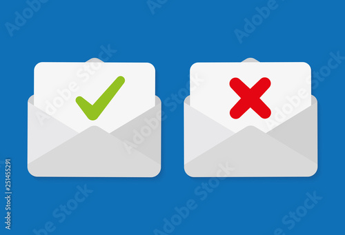 Check mark in mail envelope. Confirm and rejection email.