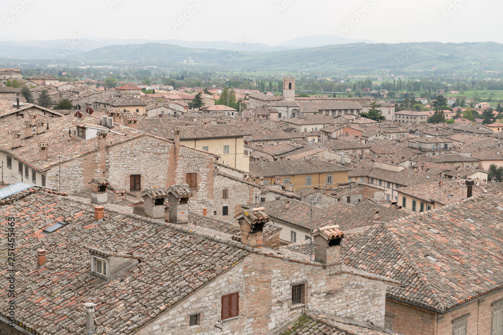 Medieval tiling roofs panorama in Gubbio, Umbria, Italy