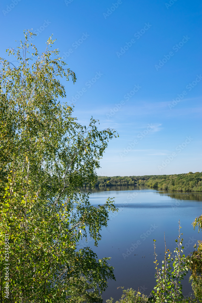  Nature and landscape concept: View of the lake from the hill, among the birch forest on the background of blue sky.Lake Mare à Goriaux,Nord-Pas-de-Calais,France. 