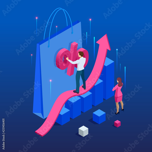 Growth chart stats, big sale, sellout, retail, Black Friday discount. Investors and traders achieve their goals. Vector isometric illustration.