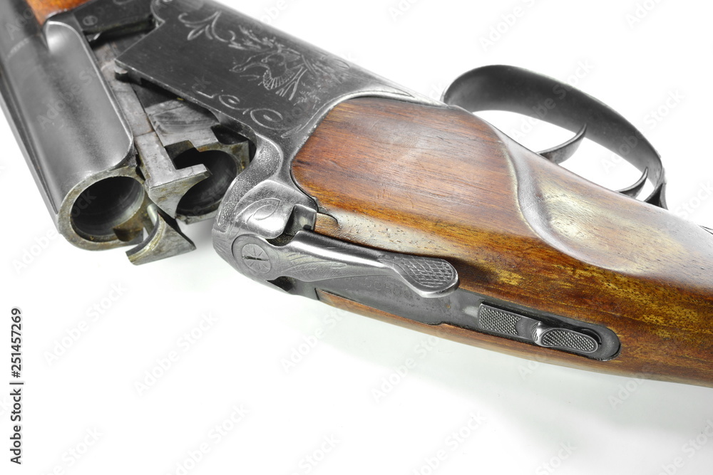 detail of the breech of a classic vertical over-under double barreled ...