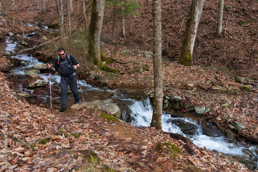 Hiker crossing a stream in the forest Hiker crossing a stream in the forest