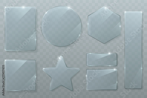 Vector glass plates set isolated on transparent background. Glossy texture of clear glass with bright highlights. Circle, square, rhombus, rectangle and star. Transparent banners. Eps 10.