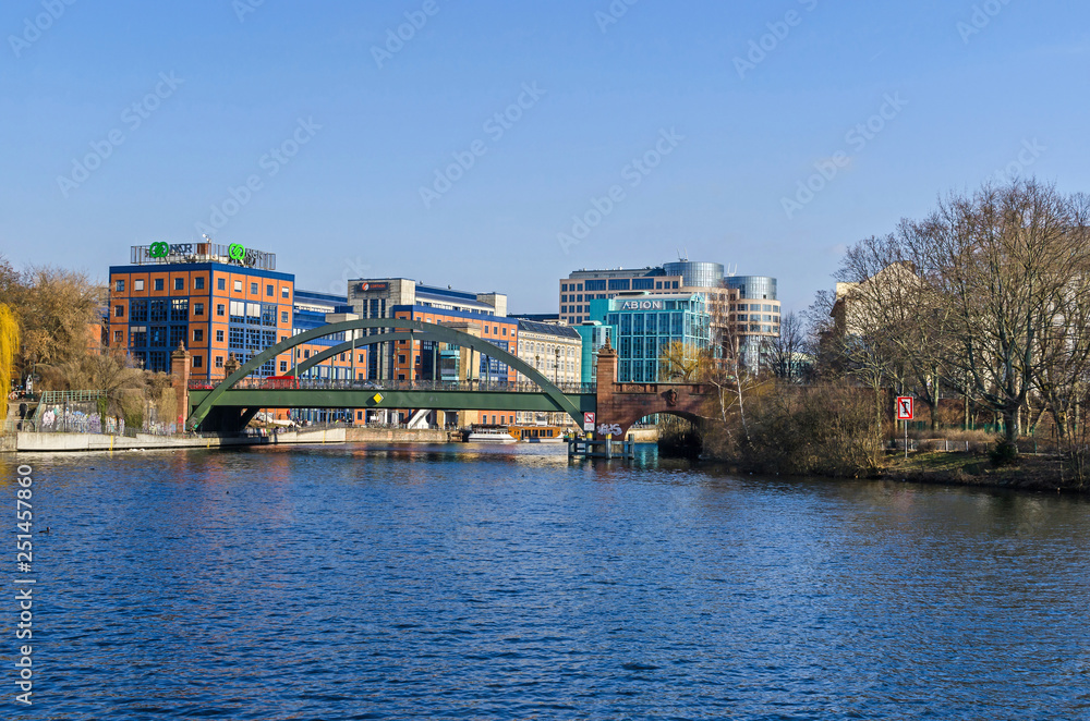 Banks of the river Spree, Spree-Bogen,  Lessing bridge and the Ameron Hotel Abion Spreebogen Waterside in Berlin