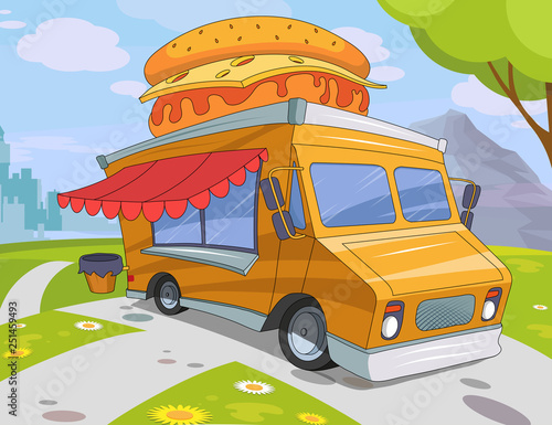 fast food truck on summer landscape background , vector graphic to design