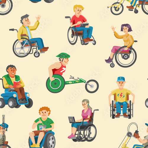 Disabled people in wheelchair vector character of handicapped person with physical disability illustration set of invalid man sitting in wheeled chair with isolated on background