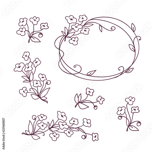 Set of floral design elements. Flower branch wreath romantic design with sakura flowers.