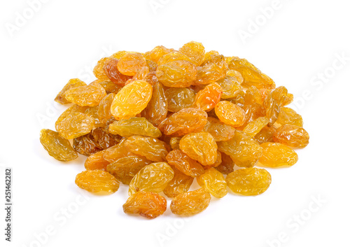 Yellow golden raisins isolated on white background