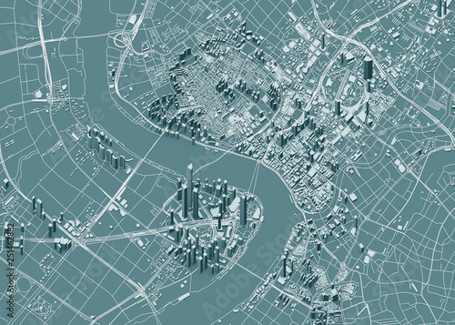 Photography Satellite view of Shanghai, map of the city with house and building
