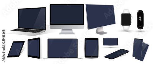 Vector minimalistic 3d isometric illustration set device. Smartphone, laptop, tablet, tv perspective view. Side and top view. Mockup generic device. Template for infographics or presentation 