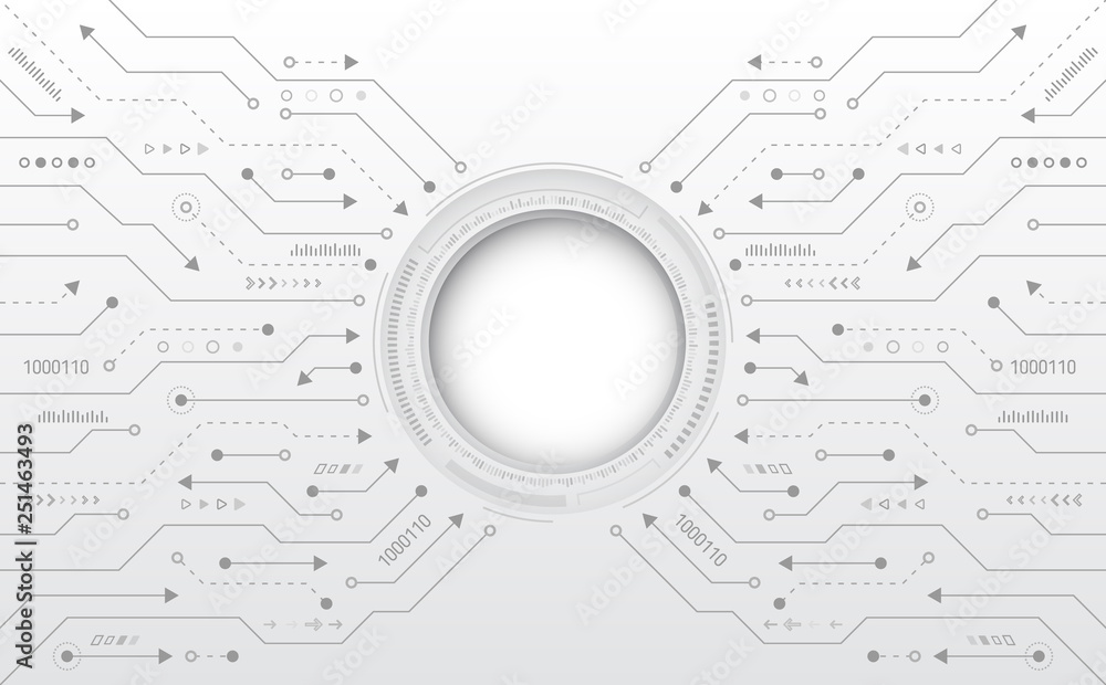 Hi-tech digital technology concept. Illustration high computer technology on grey background.  Abstract futuristic circuit board.