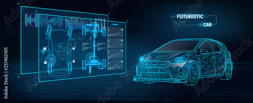 Car service in the style of HUD. Virtual graphical interface Ui HUD Autoscanning, analysis and diagnostics, Abstract vector science. Car auto service infographics. repair Futuristic user interface