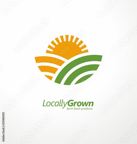 Locally grown farm fresh product simple logo design idea with farm fields and sun shape. Vector logo symbol for agricultural industry business. Organic natural food icon template.