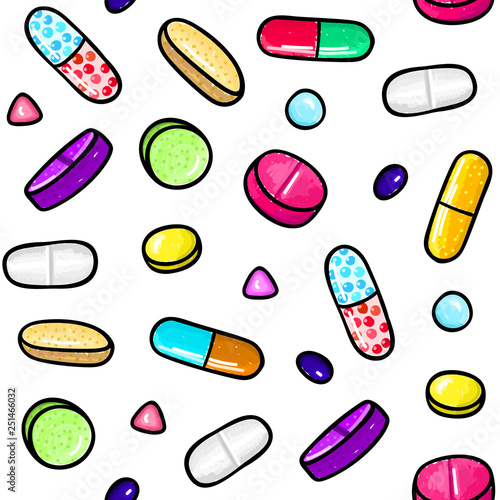 Seamless pattern with lot of pills and capsules. Medicine or dietary supplements. Healthy lifestyle. Alcohol markers style. Doodle. Health and care. Design for clinics, hospitals, pharmacies. Vector