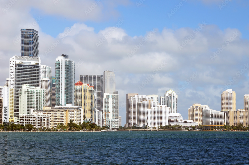 View of Miami condominium buildings on the shore of Biscayne Bay