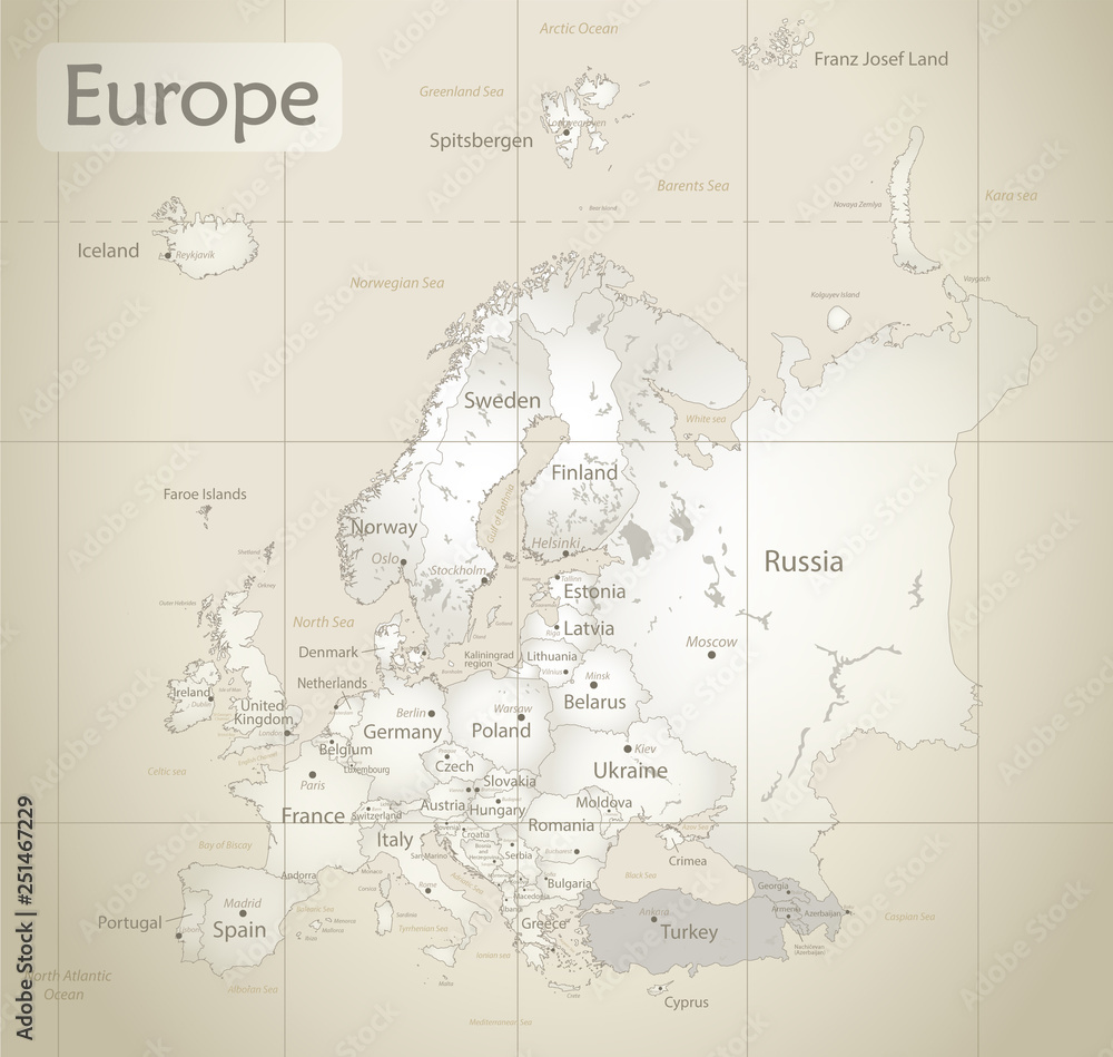 Europe map, new political detailed map, separate individual states, with state city and sea names, old paper background vector