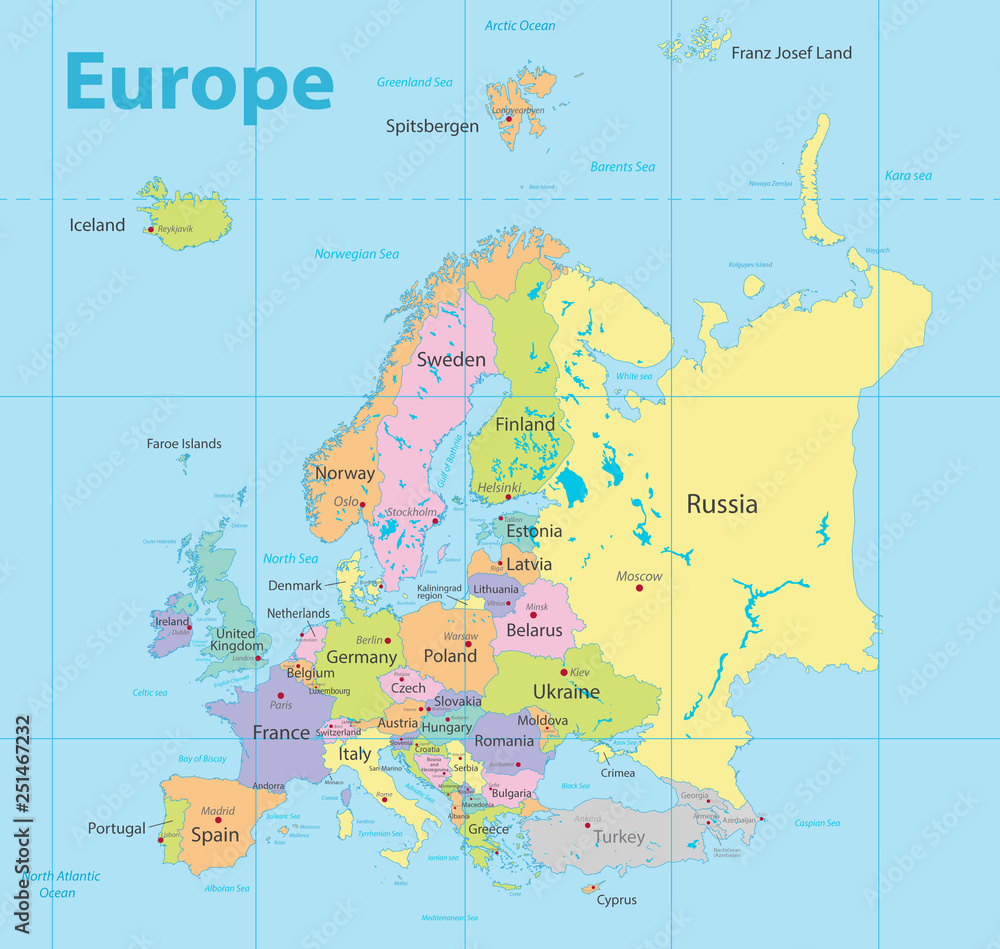 Europe map colorful, new political detailed map, separate individual states, with state city and sea names, blue background vector