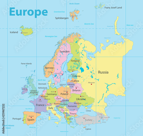 Europe map colorful, new political detailed map, separate individual states, with state city and sea names, blue background vector