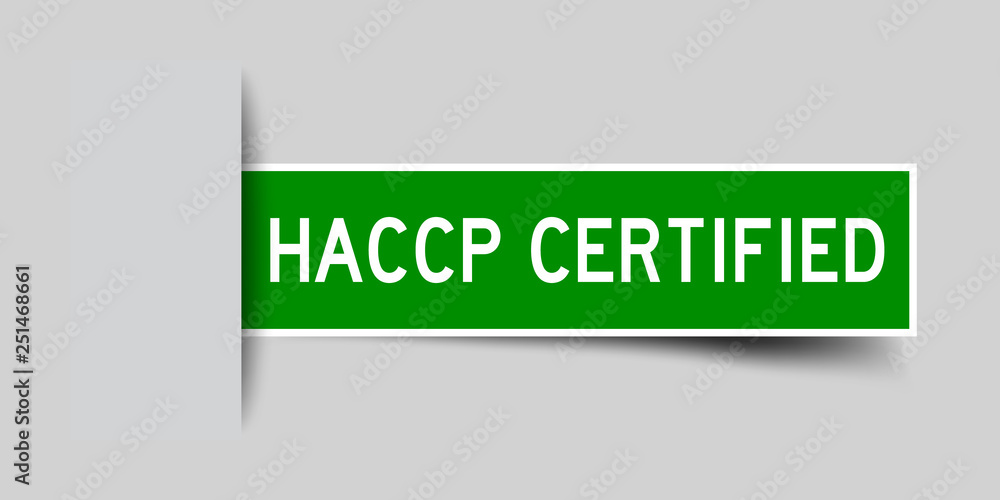 Label square green sticker in word HACCP (Hazard Analysis and Critical Control Point) certified that insert under gray background (vector) Label square green sticker in word HACCP (Hazard Analysis and Critical Control Point) certified that insert under gray background (vector)