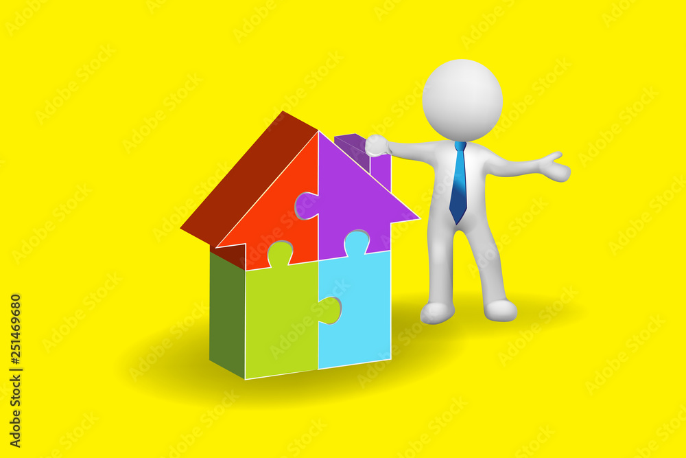 3D small people man with a puzzle house logo vector 3D small people man with a puzzle house logo vector