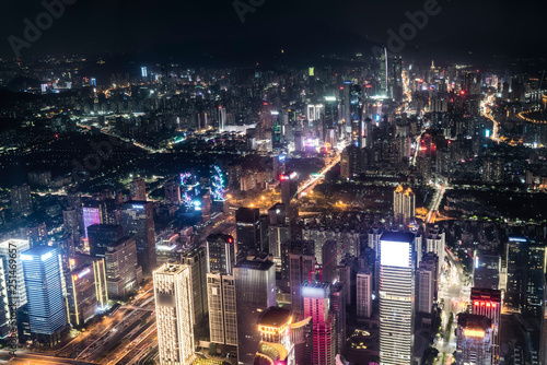 A bird's eye view of the urban architecture at night..