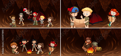 Set of camping kids in cave