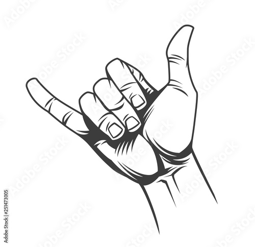 Surfer or shaka hand sign concept
