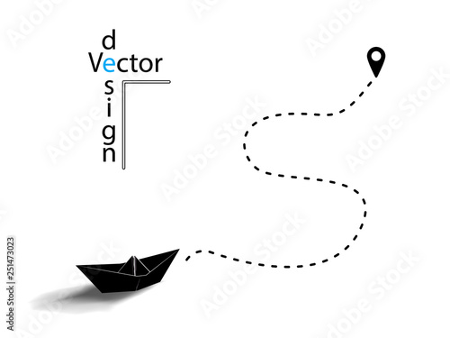 Vector black paper origami ship or boat. Silhouette. The dotted line, the concept of travel location on the map pin. Isolated white background.