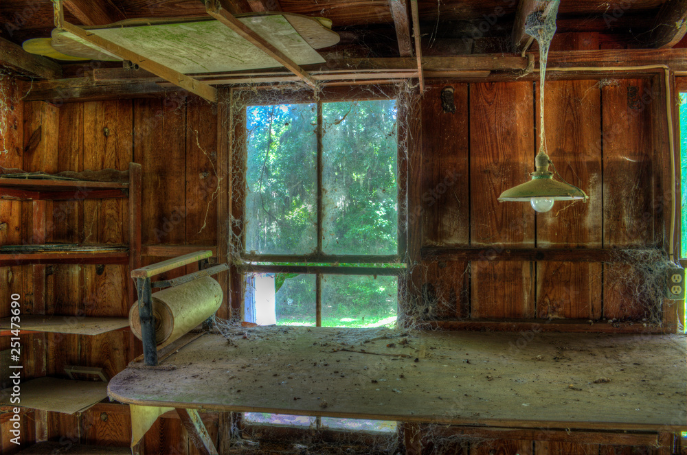 Looking outside from a dusty old room filled with cobwebs and treasures from the past Looking outside from a dusty old room filled with cobwebs and treasures from the past