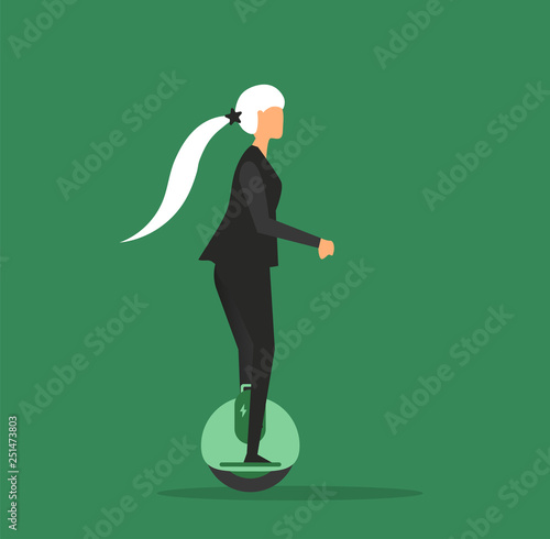 Cartoon picture with woman, girl riding, enjoying fast modern and futuristic electric monowheel. Eco alternative city transport. Vector illustration. Flat style.