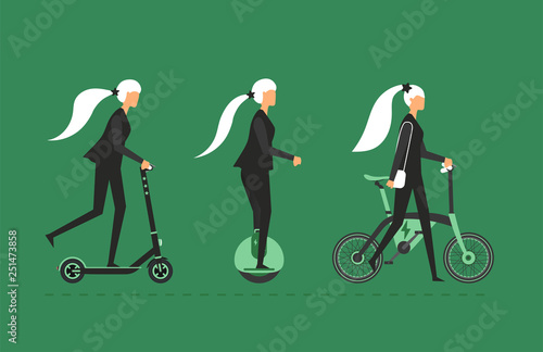 Cartoon picture with woman, girl riding, enjoying fast modern electric bicycle, futuristic bike ride, electric scooter, kick scooter, electric monowheel. Eco alternative city transport. Vector.
