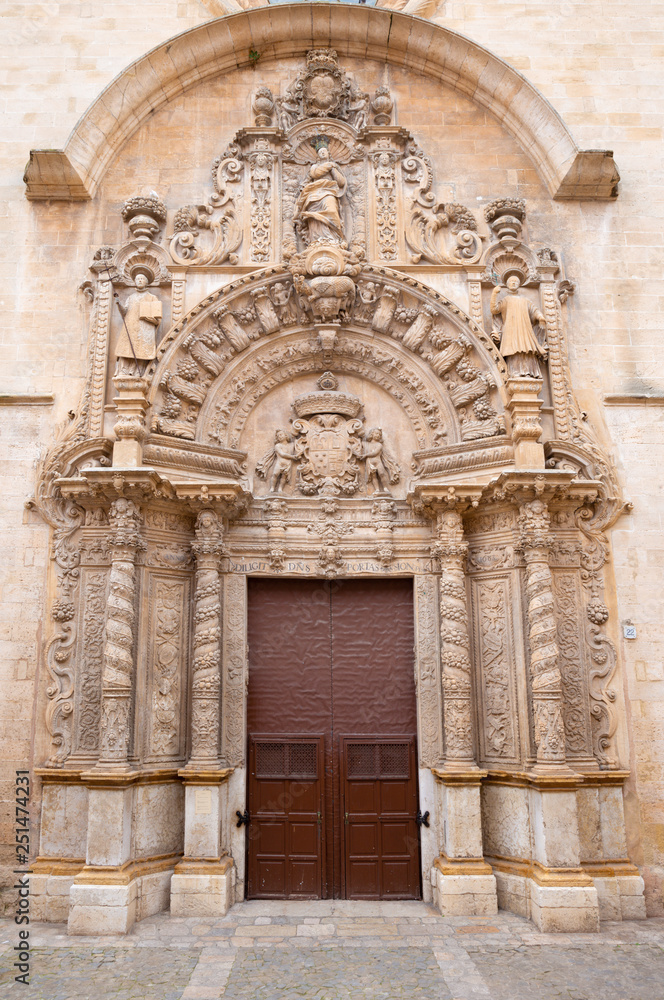 PALMA DE MALLORCA, SPAIN - JANUARY 29, 2019: The baroque portal of church La iglesia de Monti-sion (1624 - 1683).