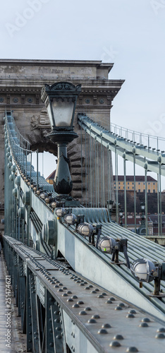 View of the Chain Ssecheny Bridge and lantern in Budapest, Hungary