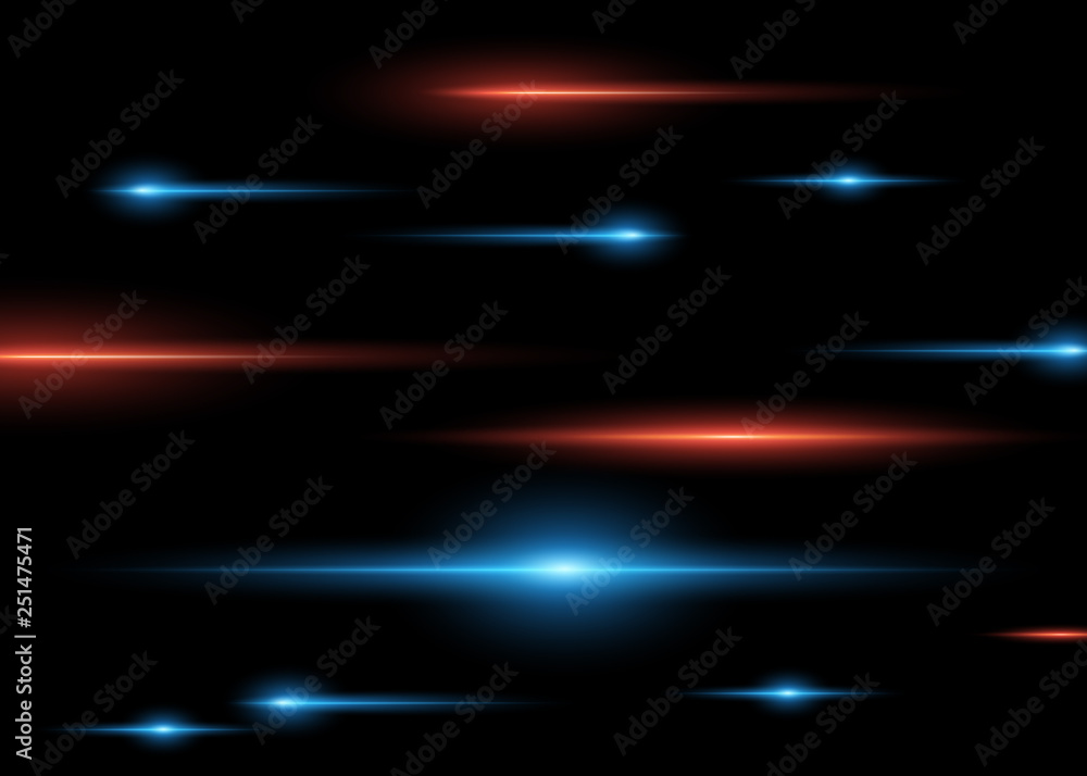 Abstract blue and red horizontal bright rays on dark isolated background. Vector light effect.