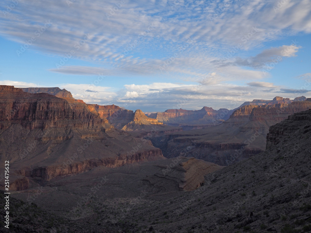 Sunrise and first light on the canyon walls on the Hermit Trail in Grand Canyon National Park, Arizona.