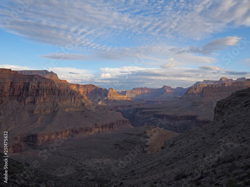 Sunrise and first light on the canyon walls on the Hermit Trail in Grand Canyon National Park, Arizona.