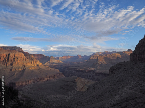 Sunrise and first light on the canyon walls on the Hermit Trail in Grand Canyon National Park, Arizona.