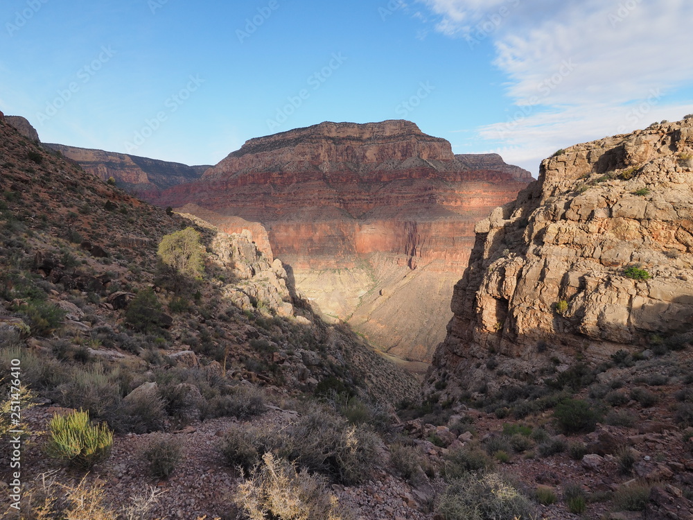 Obraz premium Sunrise and first light on the canyon walls on the Hermit Trail in Grand Canyon National Park, Arizona.