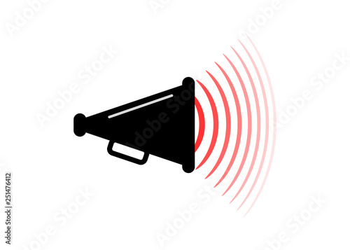Megaphone with abstract red outgoing sound waves. Vector illustration, icon design element. Isolated background.
