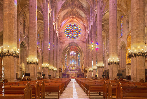 PALMA DE MALLORCA, SPAIN - JANUARY 30, 2019: The nave of cathedral La Seu.