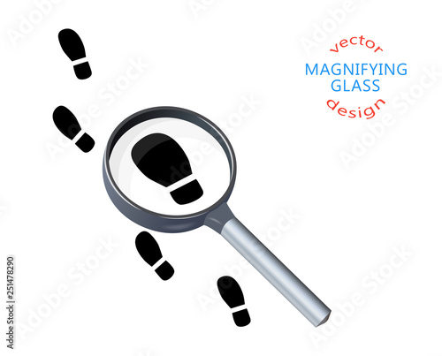 Footprints, soles, footsteps on the trail, magnifying glass, silhouette. Vector illustration of search concept, detective, investigation. Isolated white background.