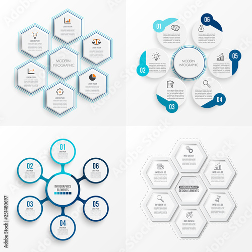 Set vector infographic template with 3D paper label, integrated circles. Business concept set with 6 options. For content, diagram, flowchart, steps, parts, timeline infographics, workflow, chart.