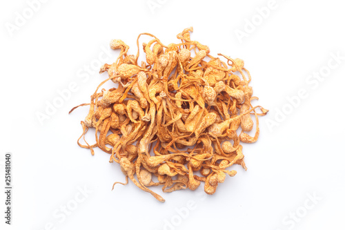 Heap of dried cordyceps militaris mushroom isolated on white background. Top view.