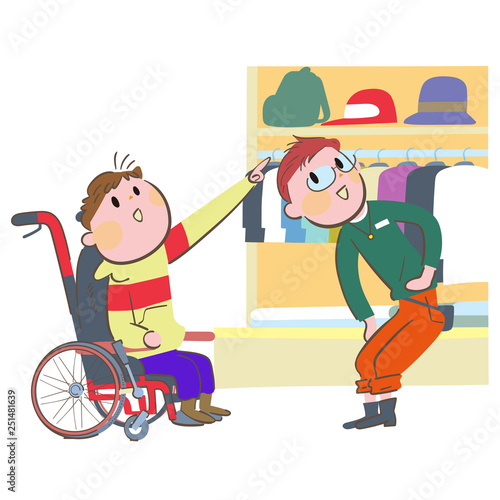 高い棚にある帽子を指さす車椅子に乗った男性と応対する男性店員