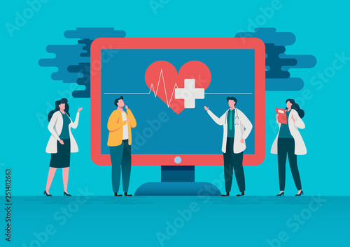 People consultation to the doctor. Online diagnosis. Online hospital health care concept, Medical team. Healthy Application. Flat vector illustration modern character design. 