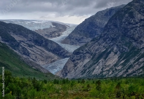 view from far away of a glacier Nigardsbreen, Norway, Europe, august 2018