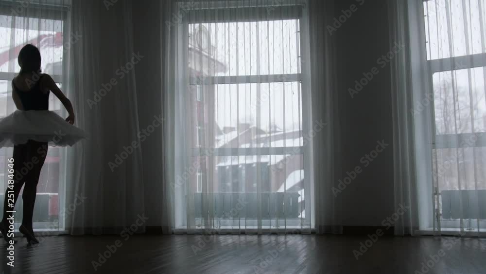 A studio in twilight. A silhouette of young woman ballerina spinning around A studio in twilight. A silhouette of young woman ballerina spinning around