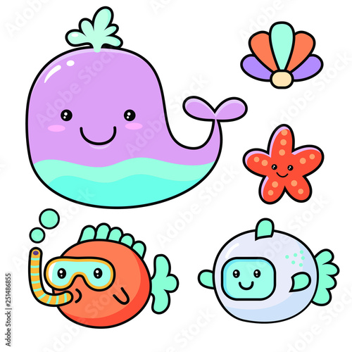 kawaii childish vector sticker of funny fishes and whale