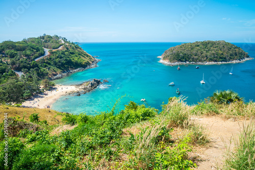 Beautiful tropical island paradise beach from viewpoint hill, Phuket Thailand. Summer tropical beach holiday vacation or travel business concept.